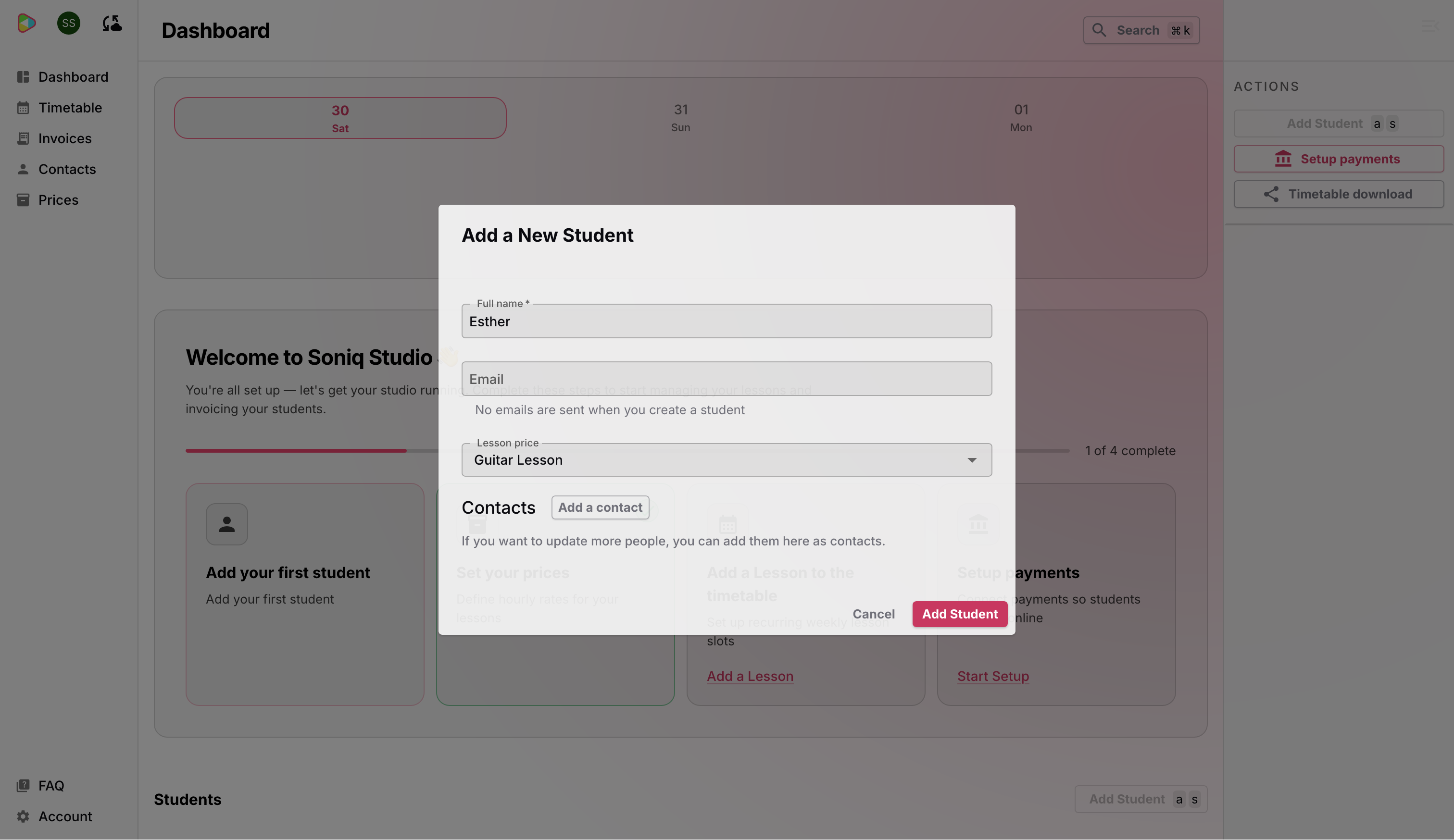 The Add a New Student dialog with Esther’s name filled in and Guitar Lesson selected as the price