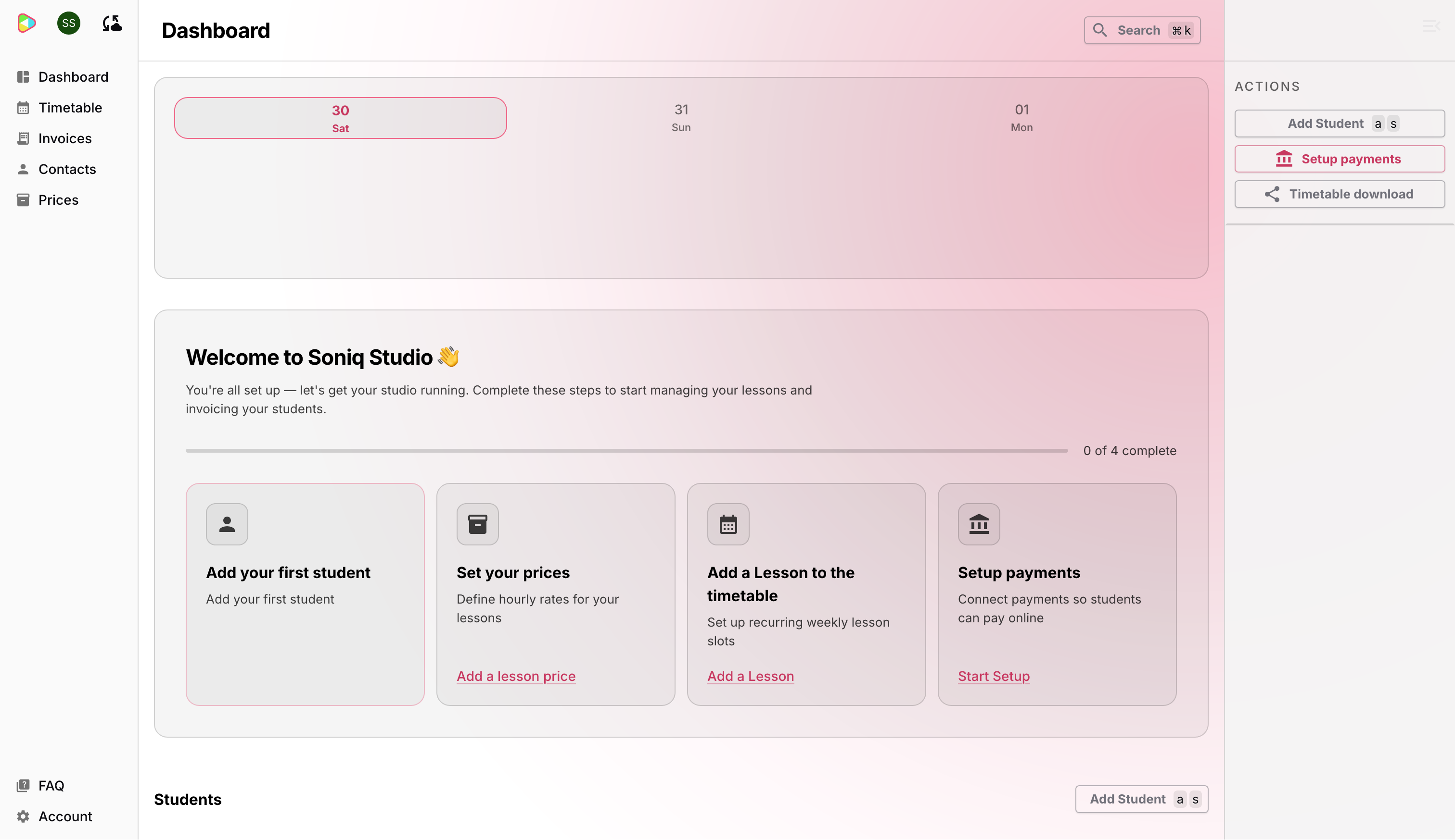 The Soniq Studio Dashboard showing the getting started checklist with four steps, all incomplete