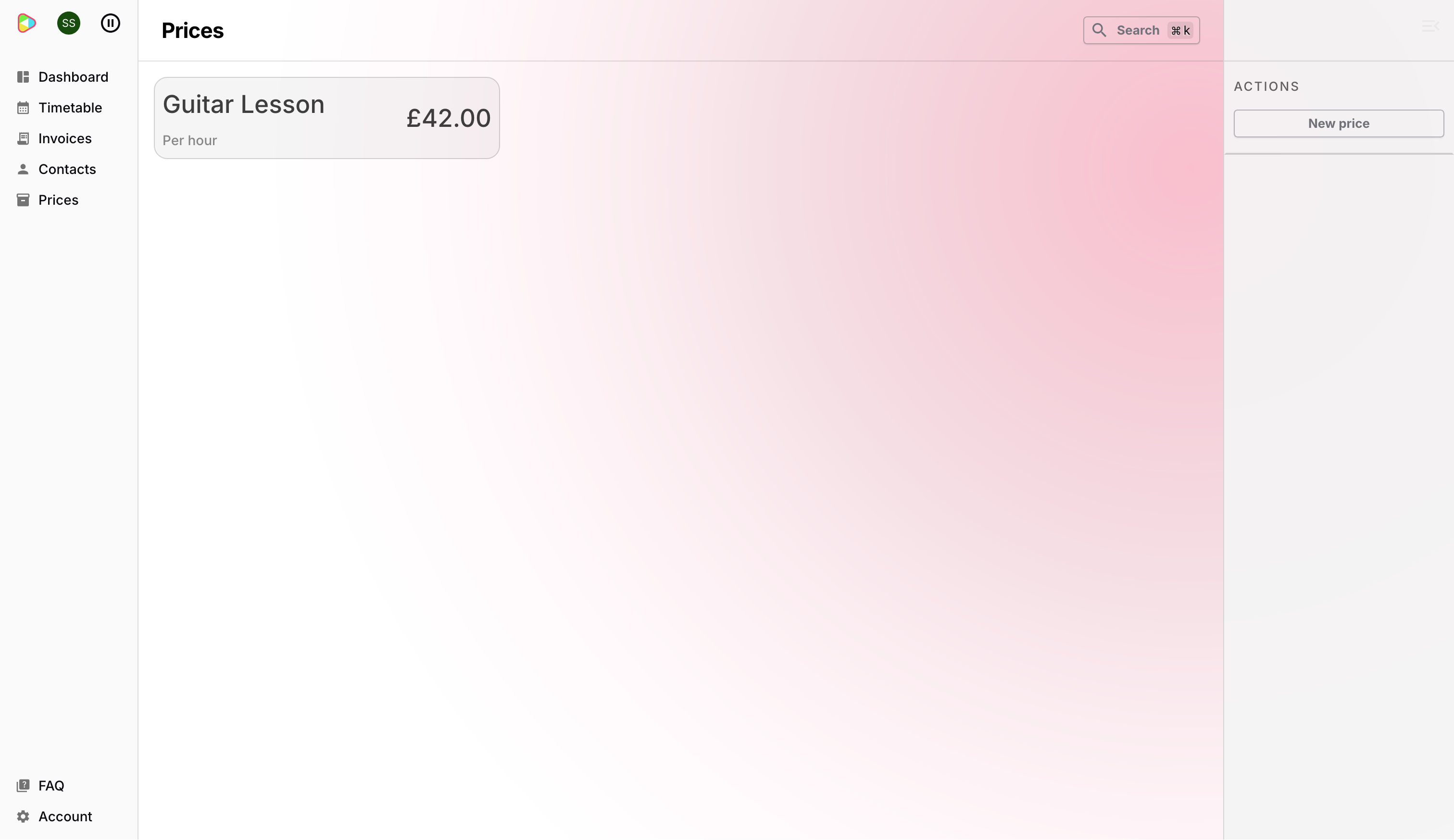 The Prices page after adding the first price, showing Guitar Lesson at £42/hour