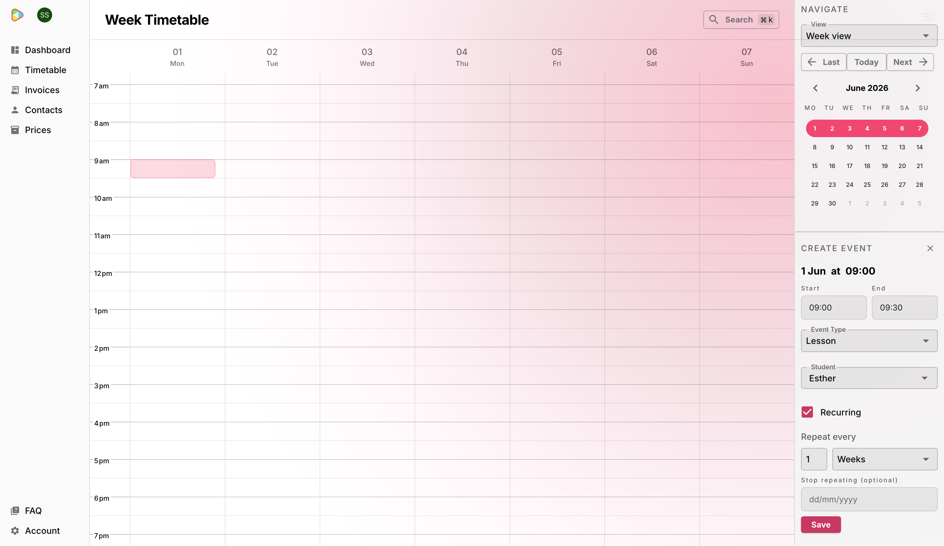 The Timetable with the Create Event panel open, showing Esther’s lesson set to repeat weekly