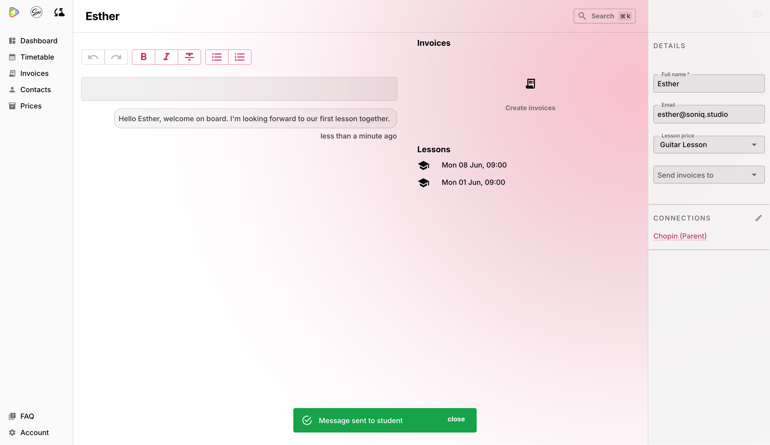 The sent message shown in Esther’s history with a green Message sent to student confirmation