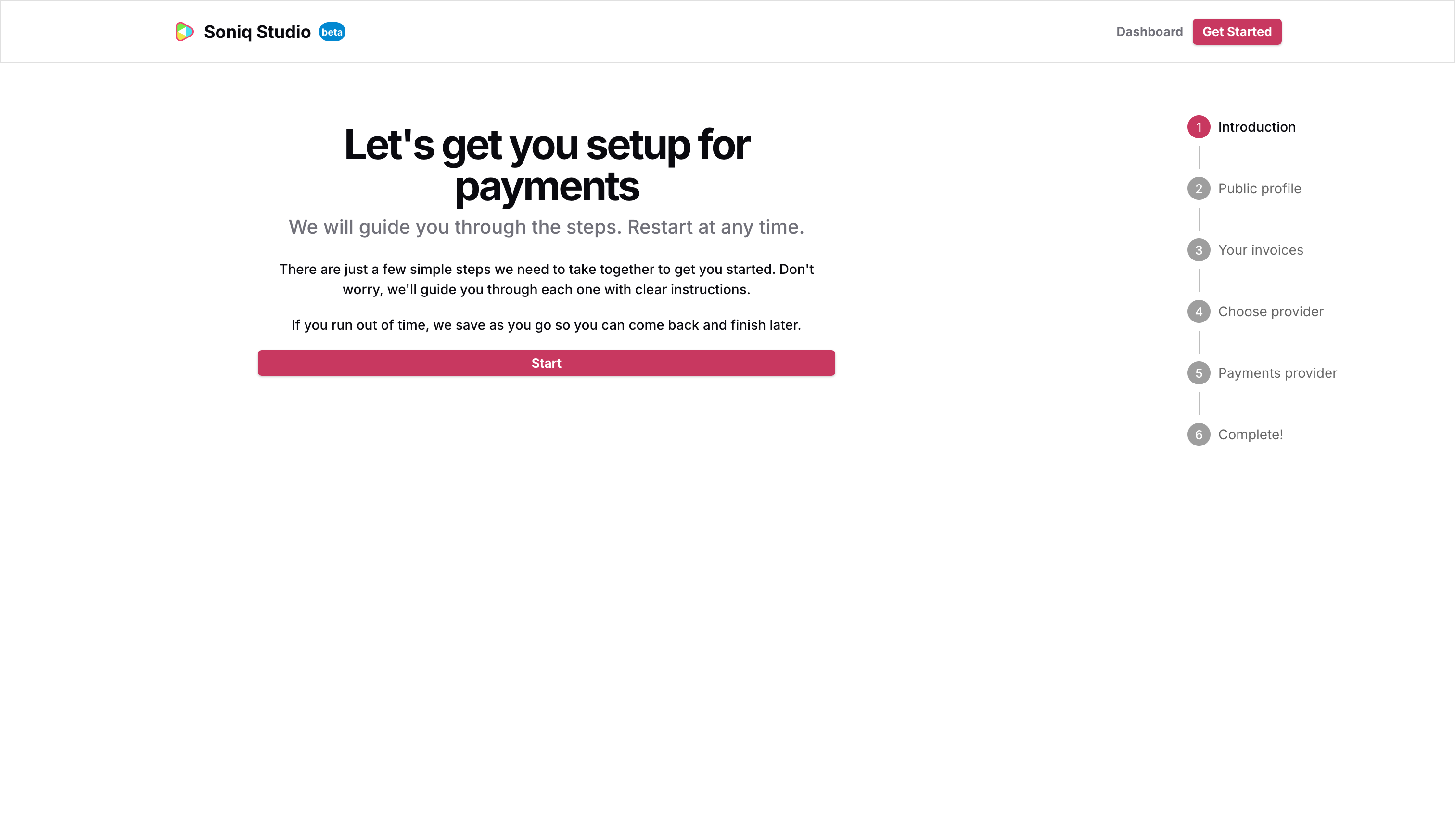 The payment setup introduction screen showing the six-step wizard