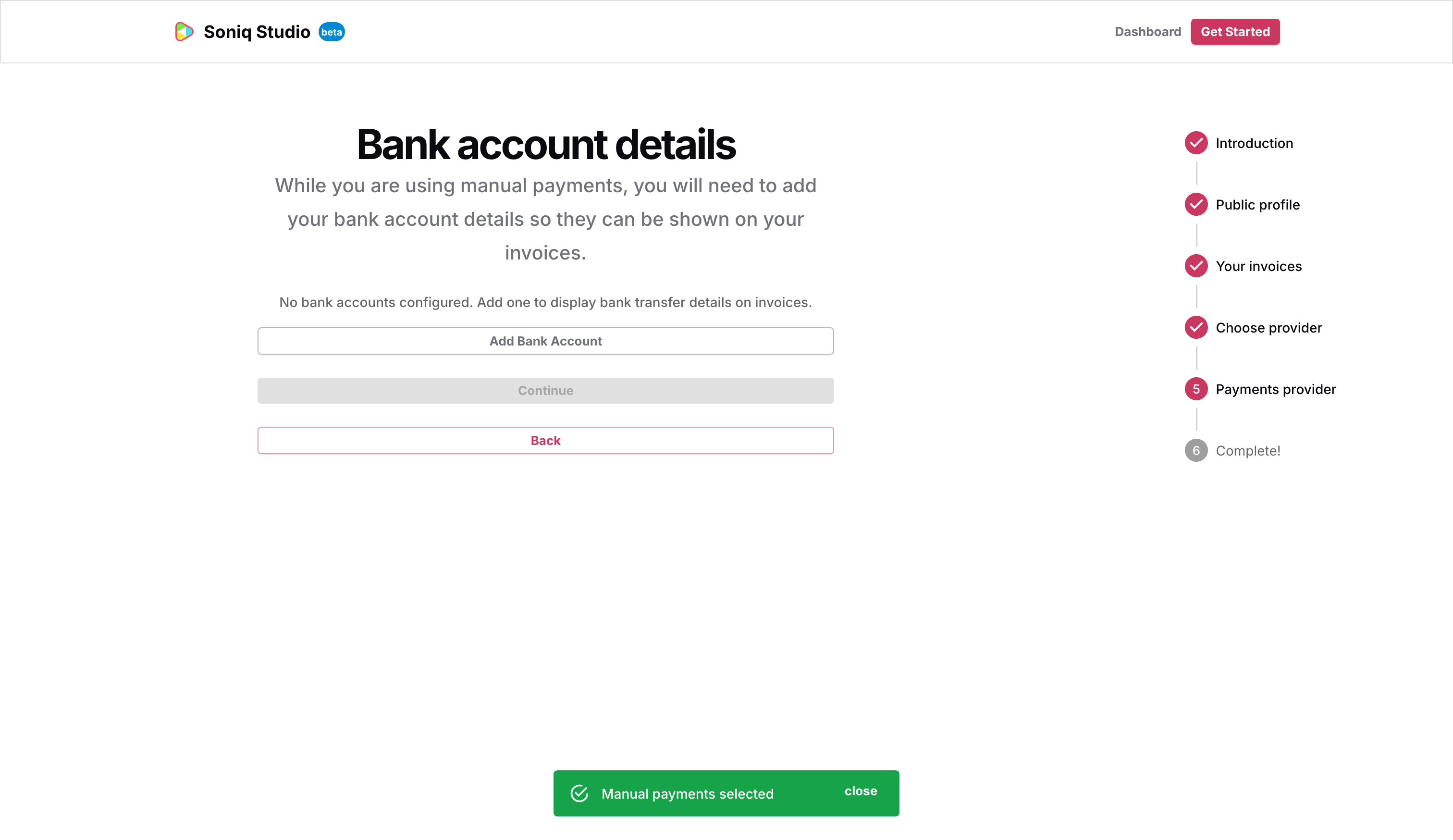 The bank account details screen with the Add Bank Account prompt