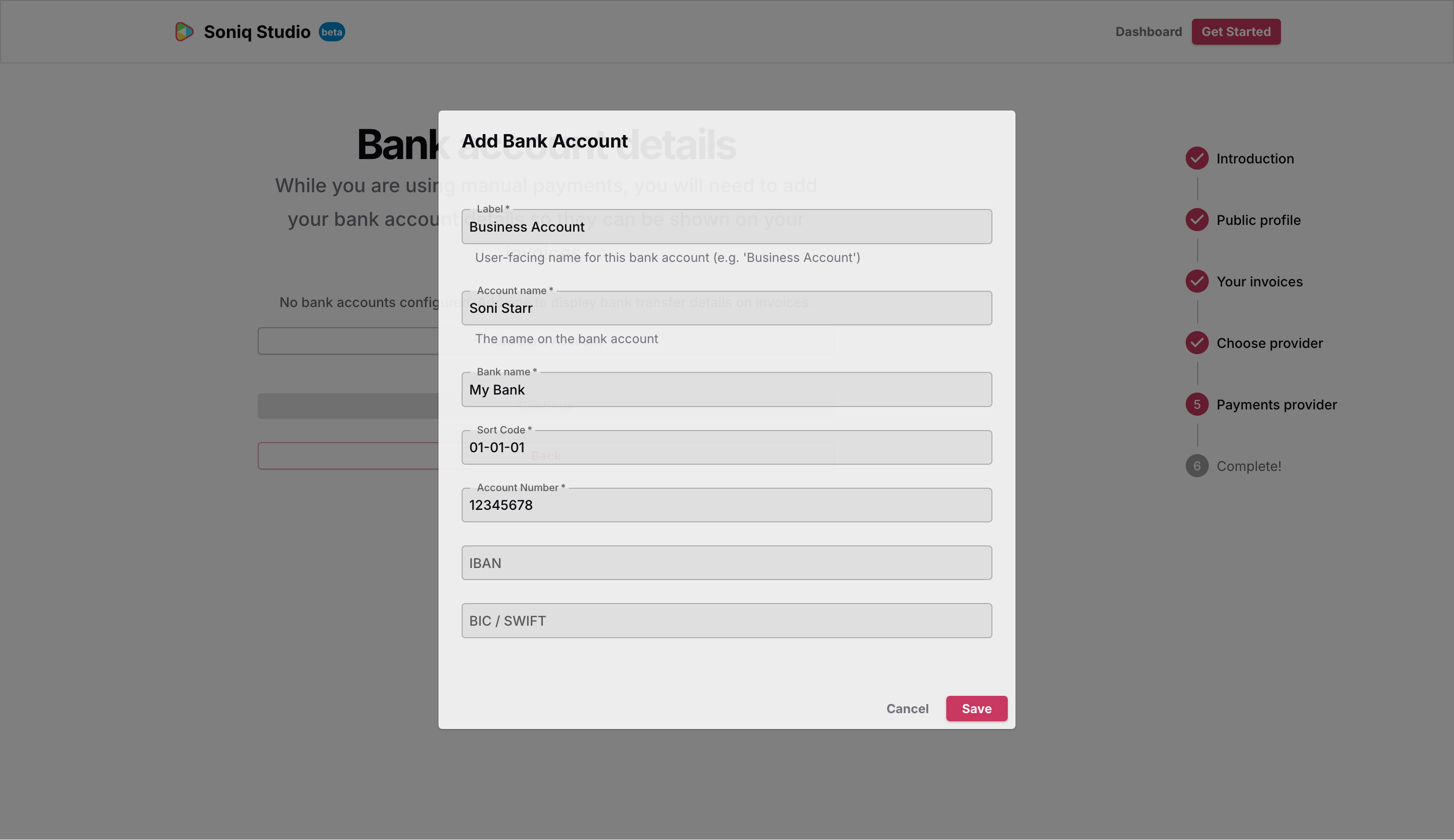 The Add Bank Account dialog with Soni’s banking details filled in