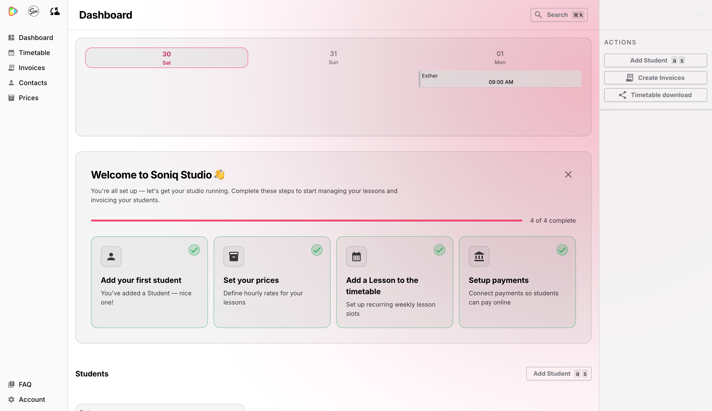 The Soniq Studio dashboard with the Create Invoices button visible in the actions panel