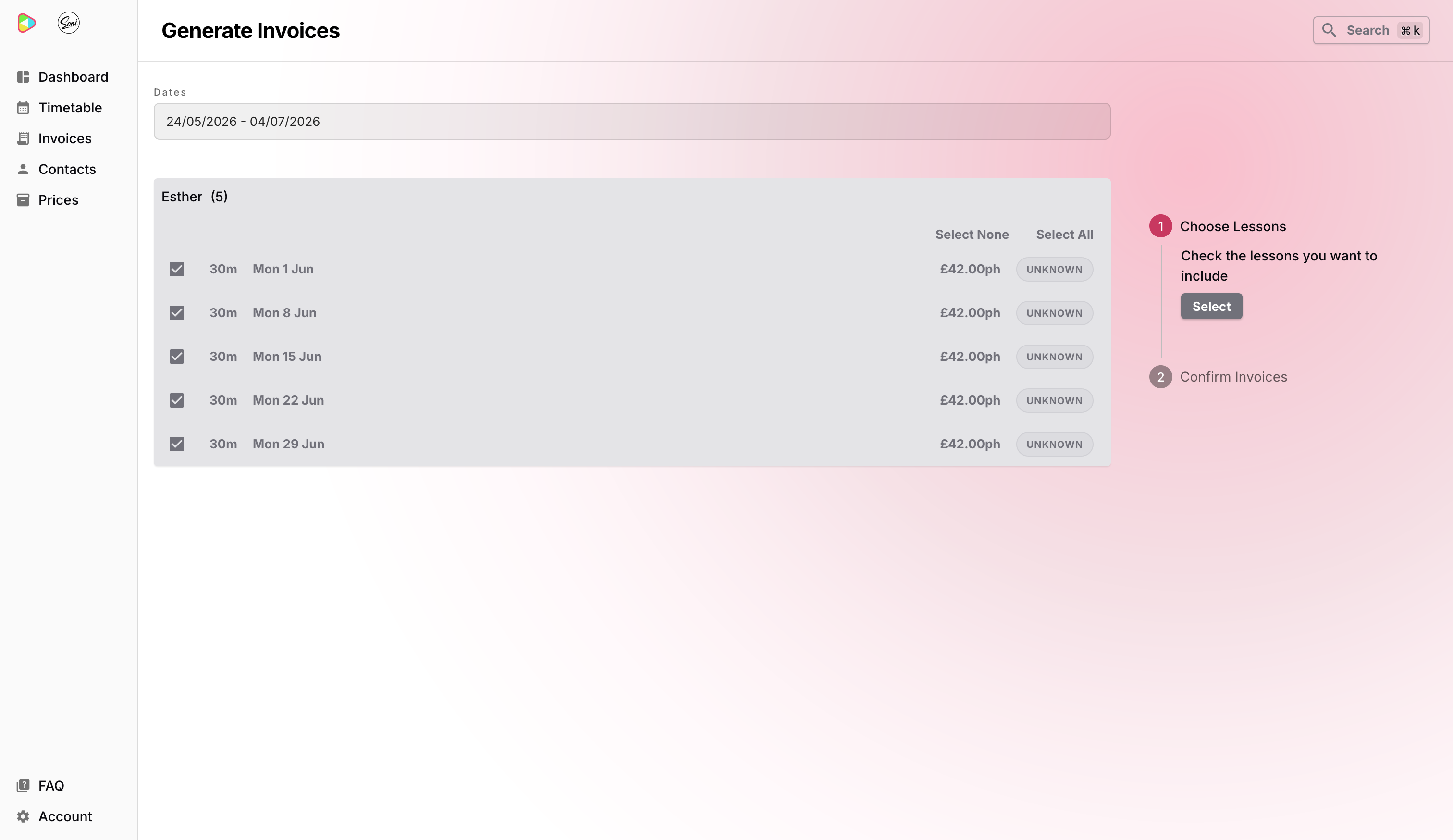 The Generate Invoices page showing five of Esther’s Guitar Lessons selected across a date range