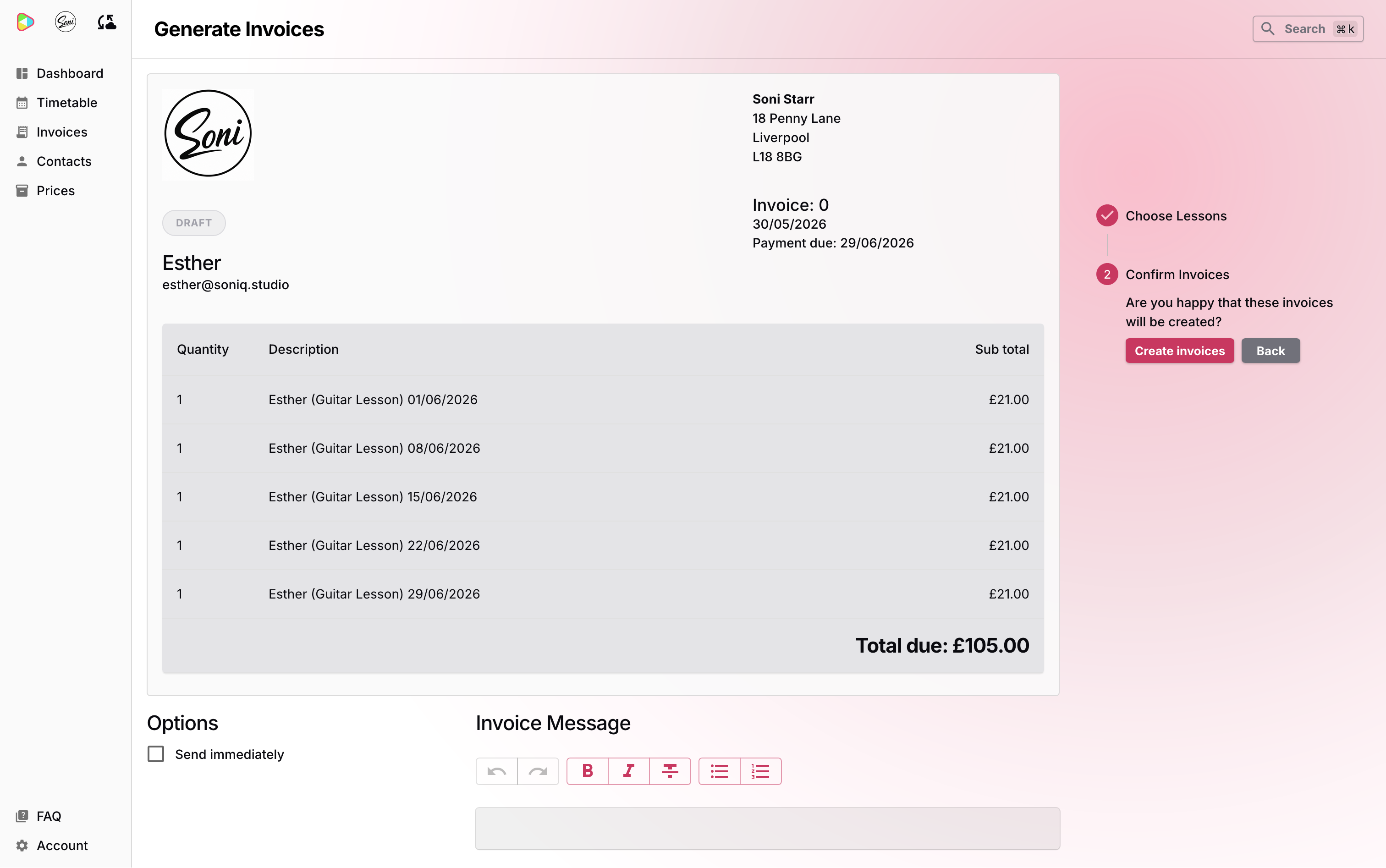 The Generate Invoices confirmation step showing a preview of Esther’s invoice for five Guitar Lessons totalling £105.00