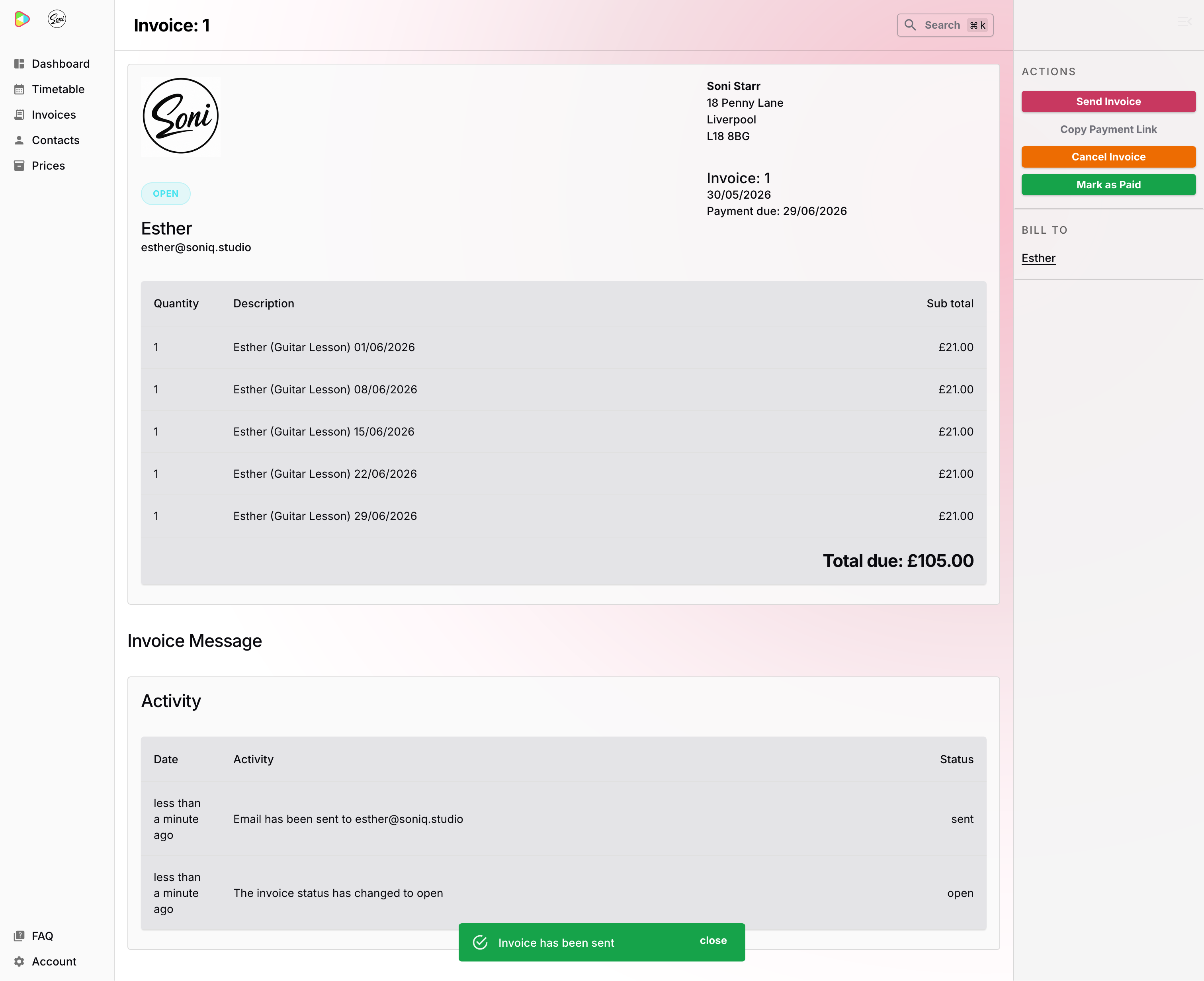 The invoice detail view after sending, showing the Open status, activity log with email confirmation, and the Mark as Paid action