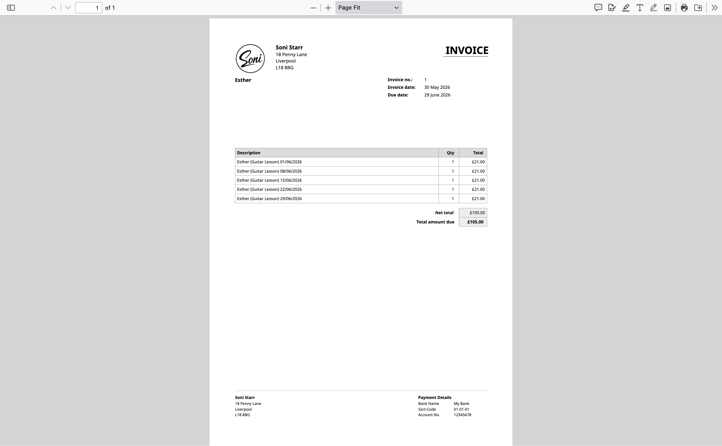 The invoice PDF showing Soni Starr’s studio details, the lesson line items, total amount due, and bank transfer payment details at the bottom